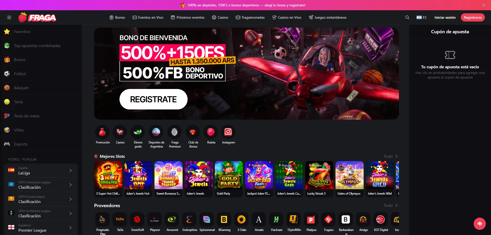 Lobby de juegos de Fraga Casino — slots, mesas y casino en vivo